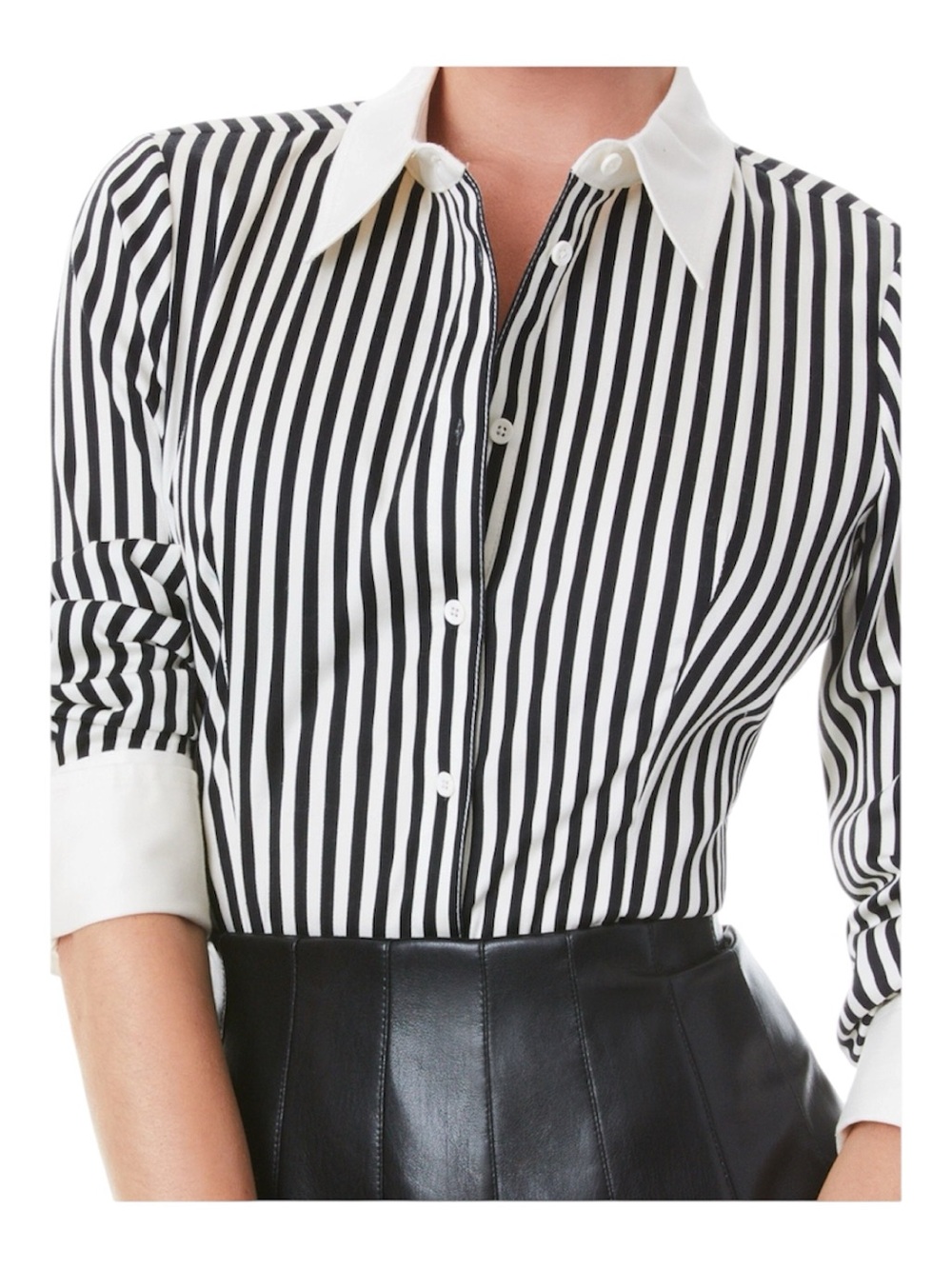 Alice + Olivia Melia Fitted Black and White Vertical Stripe Button-Down Shirt